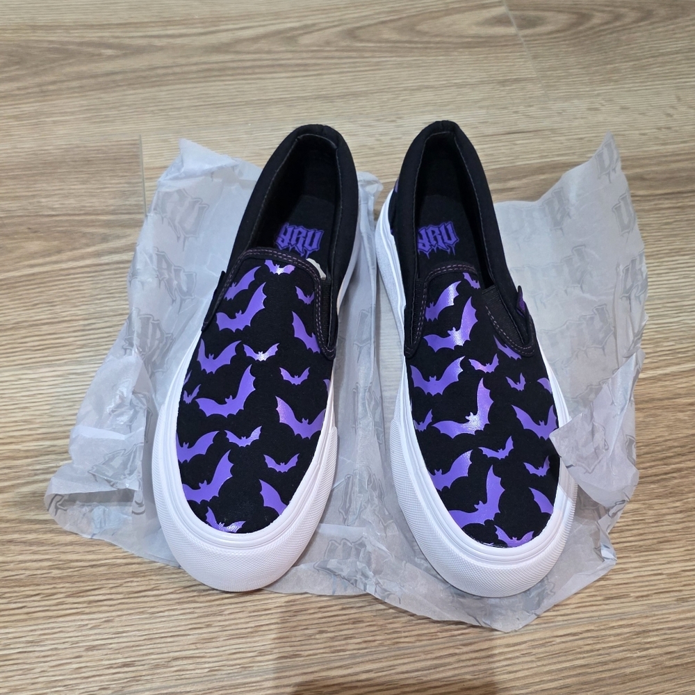 YRU Chill Bat - Black and Purple Bat Slip-On Sneakers